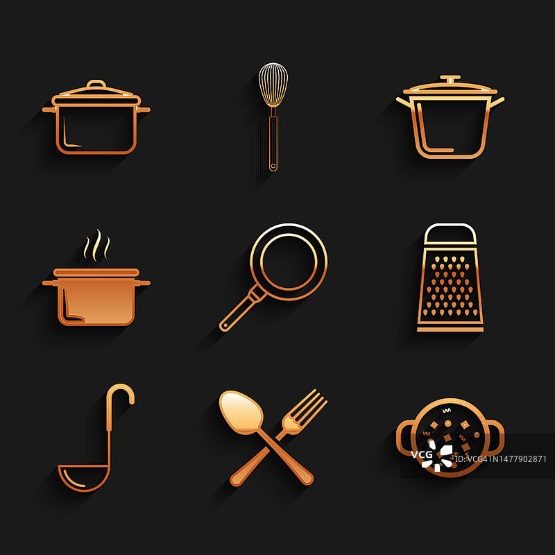 设置煎锅，交叉叉和勺，煮汤锅，磨碎器，厨房勺子，和图标。向量图片素材