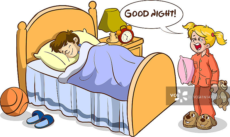 昏昏欲睡打哈欠的孩子和父母晚安卡通矢量图片素材