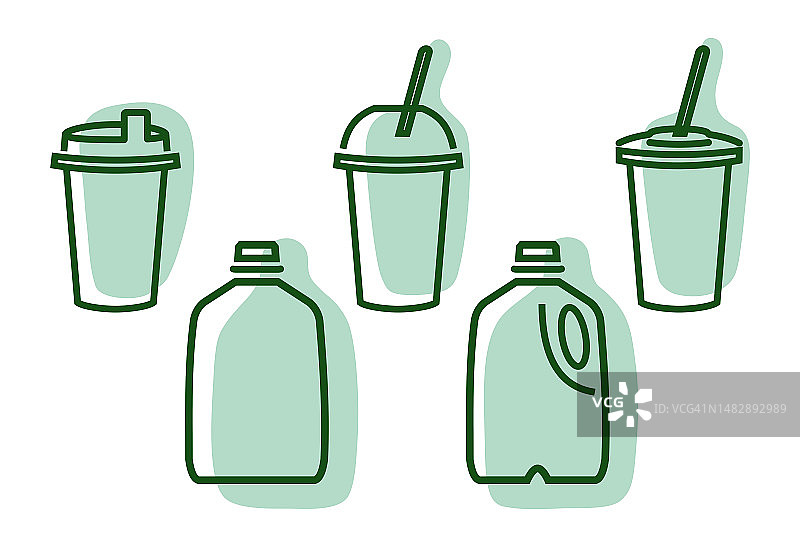 一套可回收的绿色饮料项目。饮料包装上的象形符号。牛奶加仑，咖啡杯，有平顶盖。矢量插图。生态与废物回收图片素材