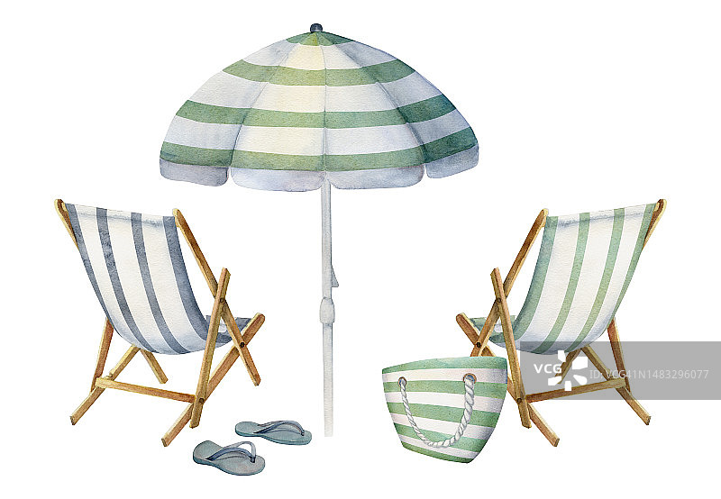 手绘水彩构图。沙滩上的条纹配饰、雨伞和椅子。孤立在白色背景上。设计墙艺、婚庆、印花、布艺、封面、名片、旅游、旅游宣传册。图片素材