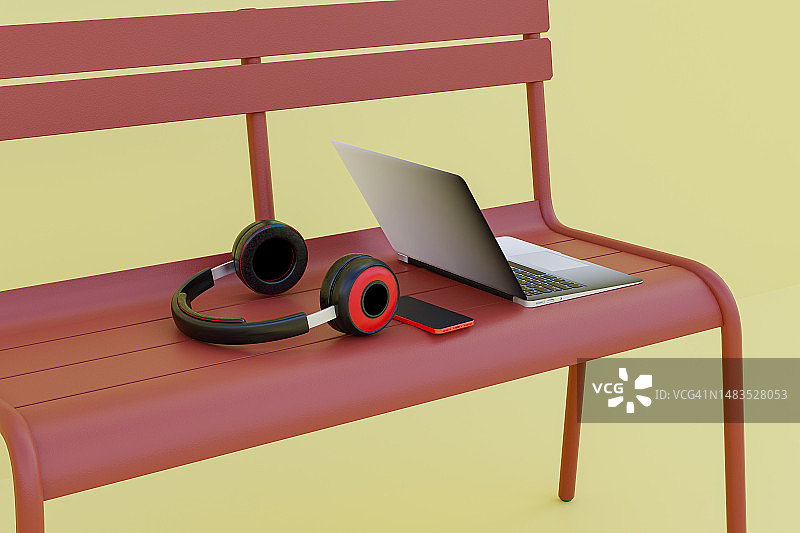 沙发与音乐耳机，笔记本电脑和手机的3d渲染，红色和黑色在黄色背景，技术概念图片素材