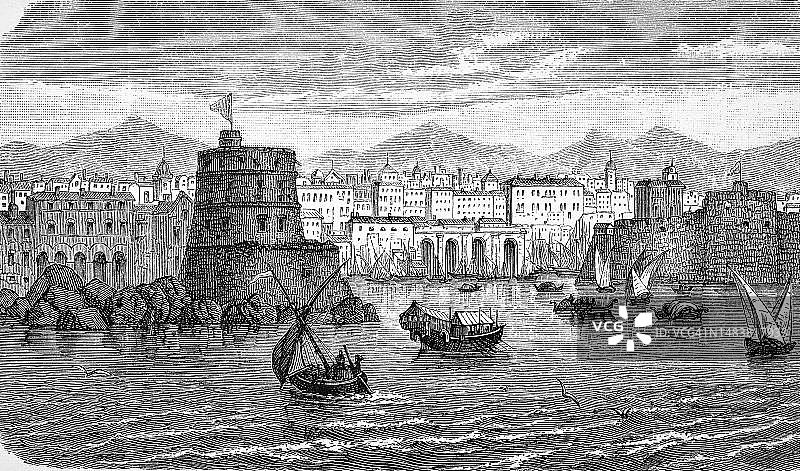 奇维塔韦基亚，意大利罗马附近的港口城市，1879年，历史性的，数字修复的19世纪原始艺术品的复制品图片素材