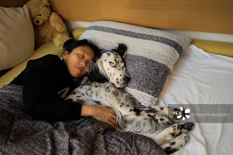 狗和女孩睡在床上图片素材