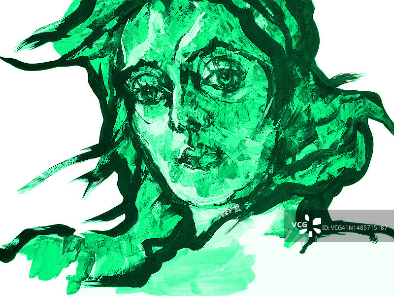 插图艺术油画肖像的一个女人在绿色对白色的背景图片素材