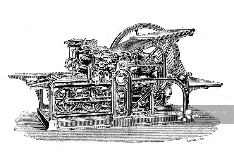 印刷技术，简单的高速印刷机与铁路运动和圆柱形底盘，由Koenig und农民，维尔茨堡附近的Oberzell修道院，德国，数字修复的复制原版19世纪大师图片素材