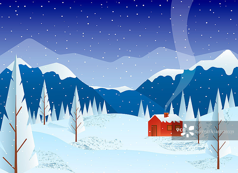 以山、雪和树为背景的乡村房子。傍晚的冬季景观。平面矢量插图。图片素材