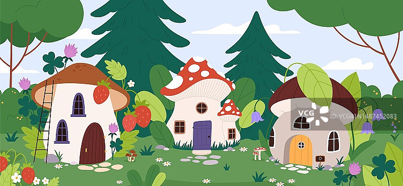 童话般的森林村庄。幻想的城市有蘑菇的房子在草地上的花，木和草。矮人或仙女建筑活泼的矢量背景图片素材