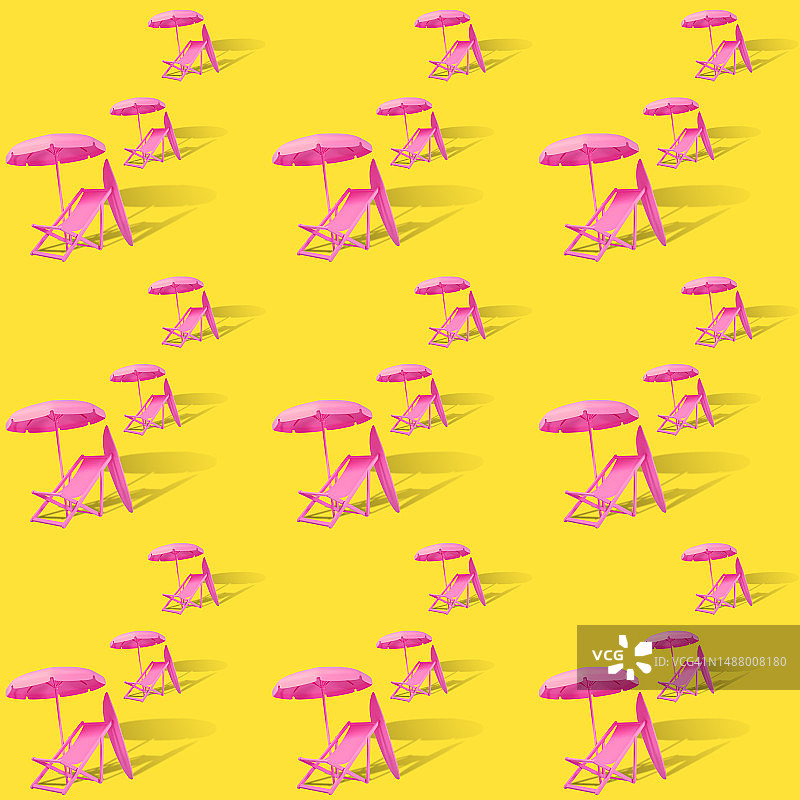 无缝重复遮阳伞和格子椅图案在黄色背景图片素材