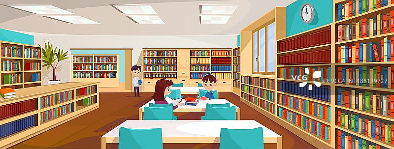 卡通风格的矢量插图一群孩子在图书馆或书店图片素材