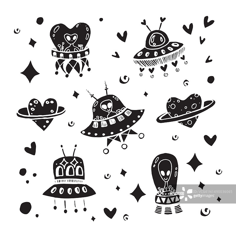 不明飞行物和外星人插图设置在涂鸦风格图片素材