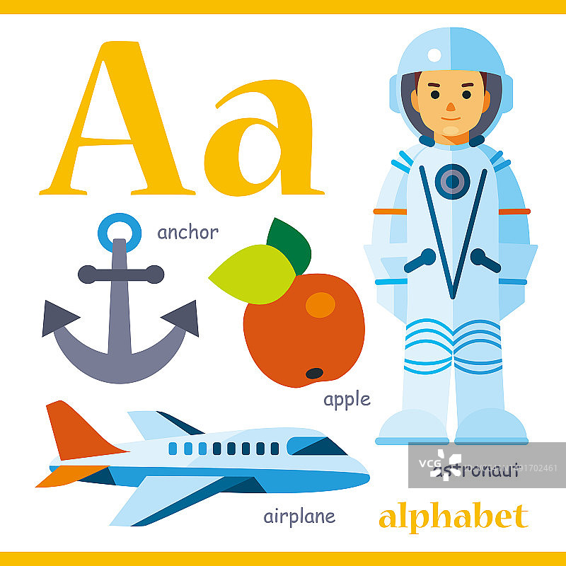 字母A与卡通词汇插图:宇航员，苹果，锚，飞机。可爱的儿童ABC字母闪存卡与字母A的孩子学习英语词汇。图片素材