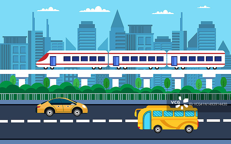 城市交通小汽车、公共汽车、火车概念图片素材