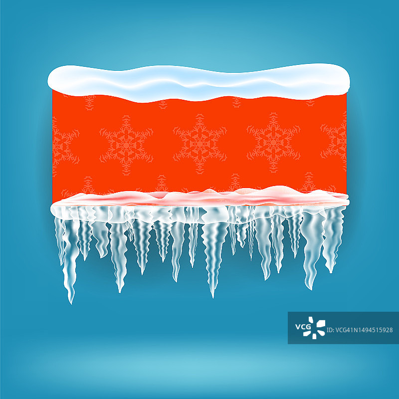 矢量冰雪框架和蓝色背景上的红旗。圣诞卡片设计元素。冬季山顶的积雪图片素材