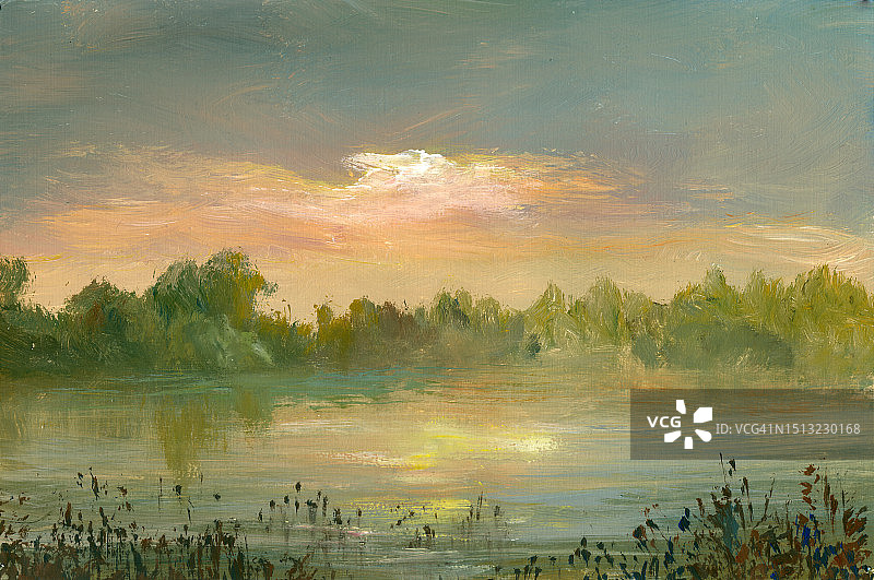 夏日夕阳江畔，油画图片素材