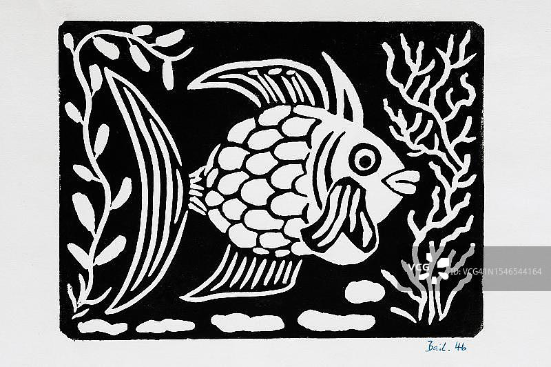 1961年，德国巴伐利亚州4b班学生绘画，鱼和珊瑚，黑色纸上不透明的白色图片素材
