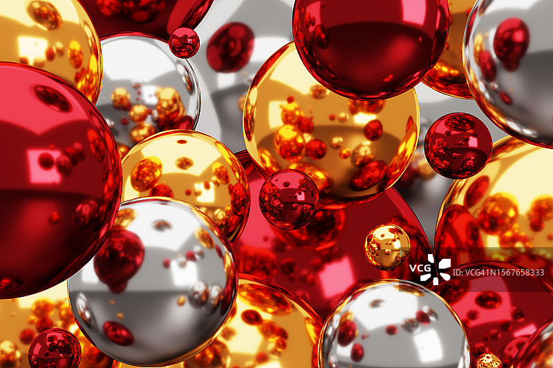 摘要圣诞节的喜庆背景。光泽3D金，红，银的圆圈，球体，球的图案。图片素材