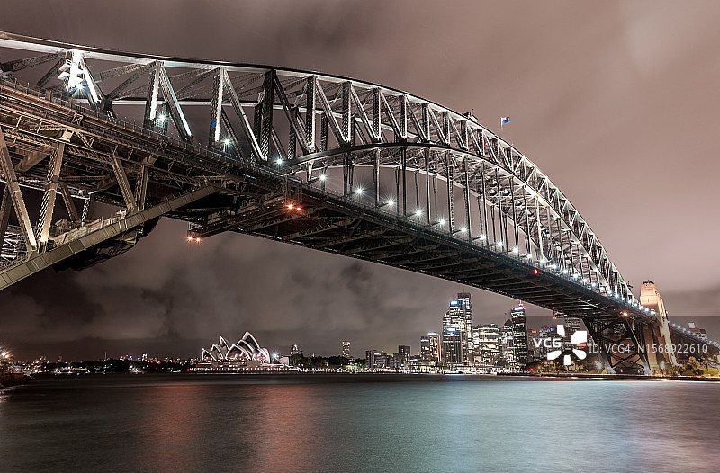 悉尼海港大桥和歌剧院的夜景。美丽的悉尼城市景观和天际线。长时间的曝光。流动的天空。澳大利亚图片素材