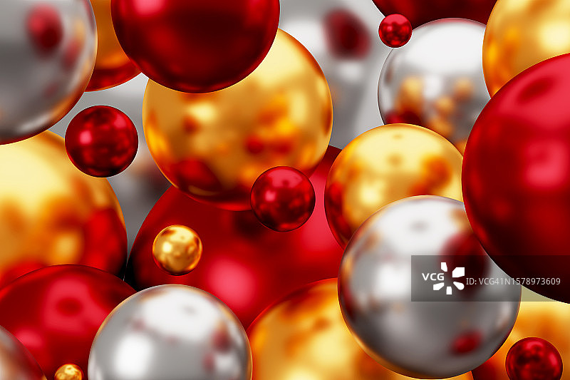 摘要圣诞节的喜庆背景。光泽3D金，红，银的圆圈，球体，球的图案。美容成分。图片素材