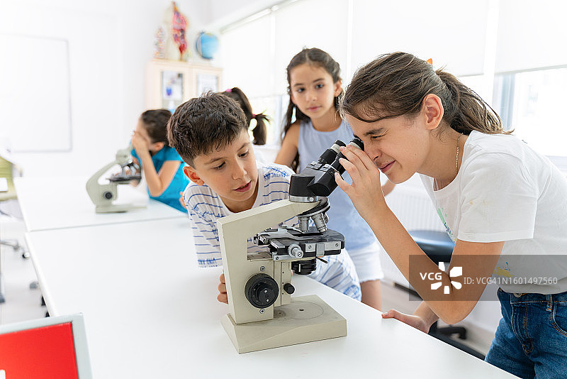 小学生在实验室使用显微镜图片素材