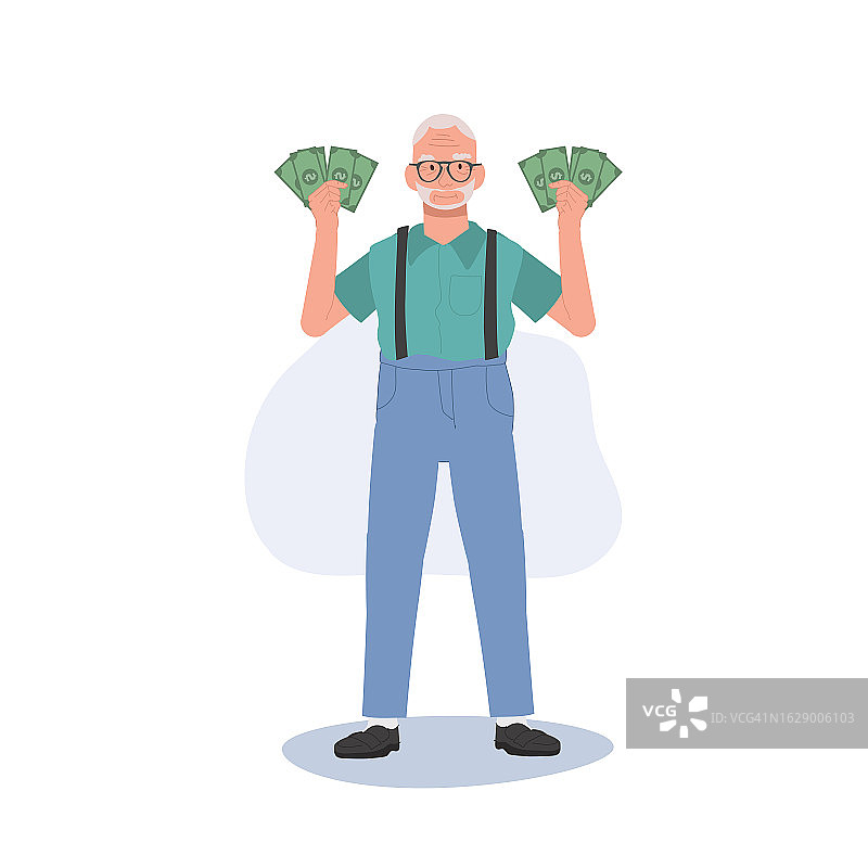 享受财务成功的富有老人。老人手持钱扇的全长插图。图片素材