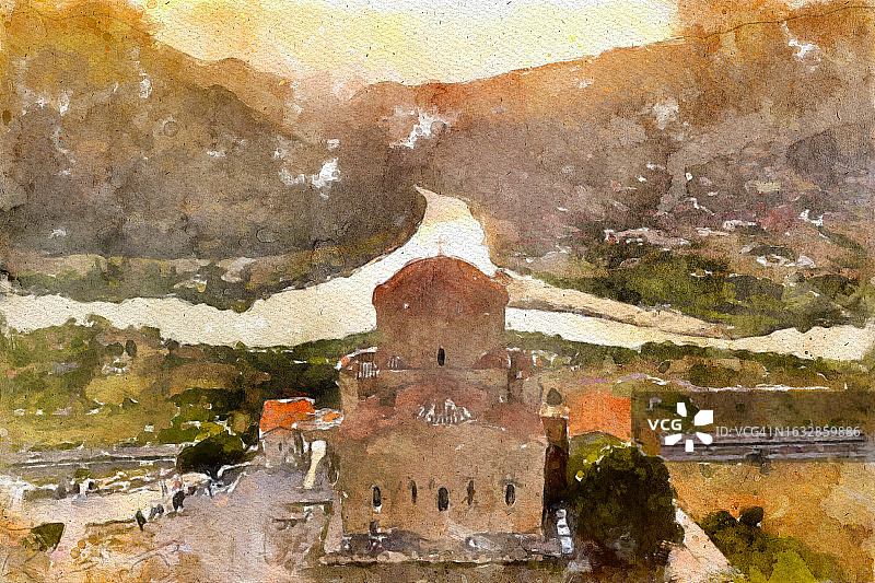 格鲁吉亚Jvari修道院的宁静水彩诠释图片素材