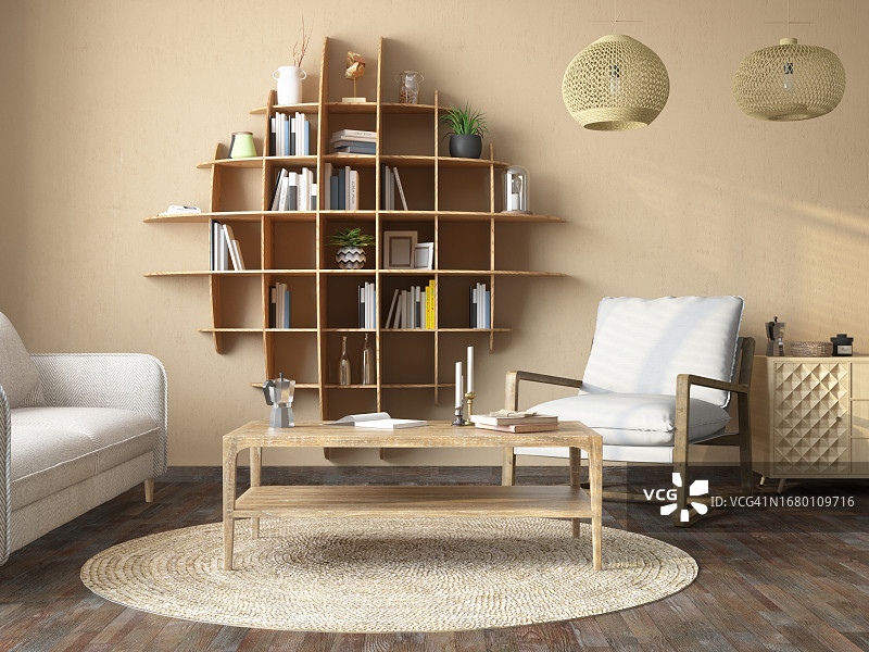 斯堪的纳维亚风格舒适的米色客房，配有几何设计书架图片素材