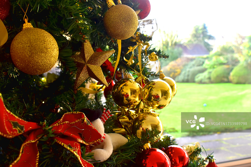 圣诞树特写，在模糊的花园背景上装饰着金色的球和丝带。圣诞节的背景。图片素材