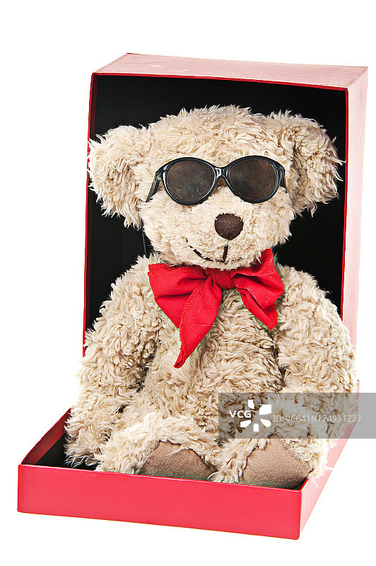 可爱的泰迪熊坐在鞋盒里，孤立在白色图片素材