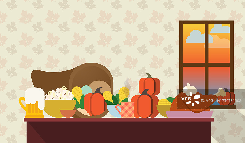平面设计盛宴表-即将到来的假期-感恩节-快乐的假期-节日卡-网页横幅-庆祝活动-聚会-食品和饮料-聚盆-南瓜-火鸡-玉米图片素材