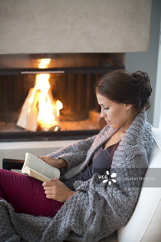 年轻女子坐在壁炉前看书图片素材