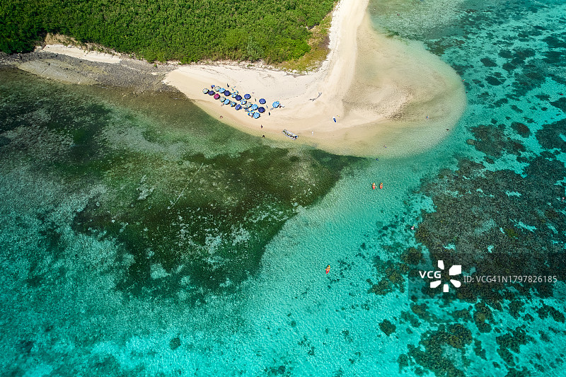 在德拉瓦卡岛的nggarorooro Point的小海滩上，人们摆着阳伞图片素材