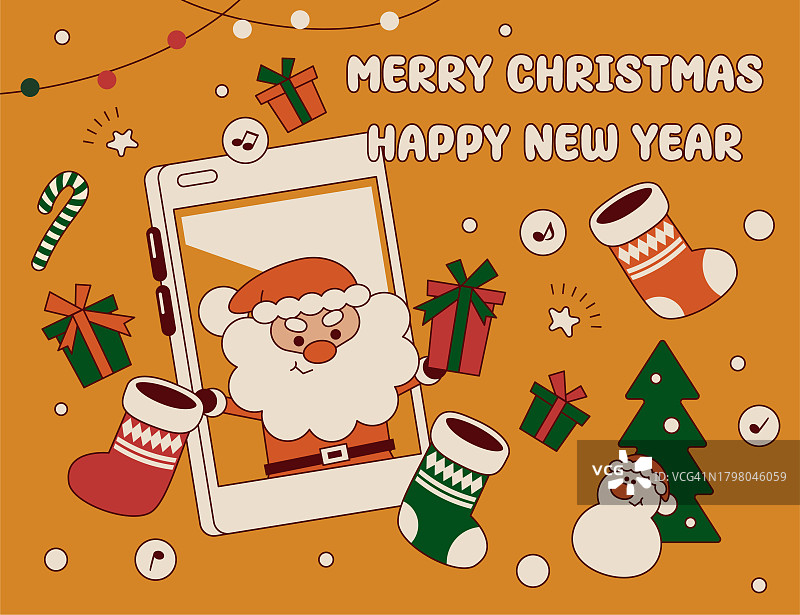 可爱的圣诞老人从智能手机里跳出来，给你送圣诞礼物和圣诞袜，祝你圣诞快乐，和雪人一起新年快乐图片素材