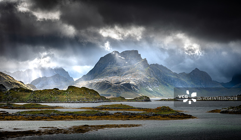挪威罗弗敦，天空映衬下的湖泊和山脉全景图片素材
