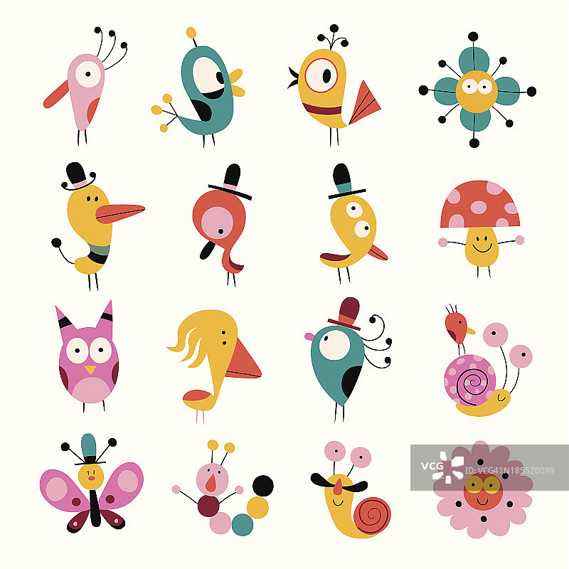 花，鸟，蘑菇和蜗牛的角色设置图片素材