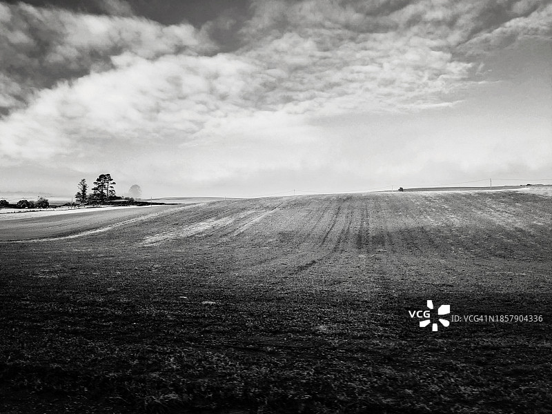阴天的黑白乡村风景。图片素材