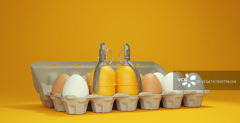 3D渲染的鸡蛋盒与两个手榴弹图片素材