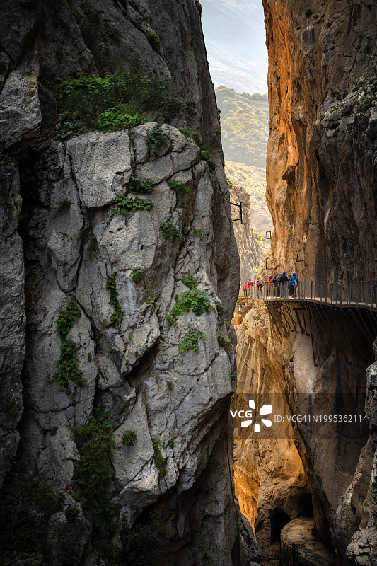 栈道和木桥沿着陡峭的墙壁固定在狭窄的峡谷中。国王步道，西班牙安达卢西亚马拉加。图片素材