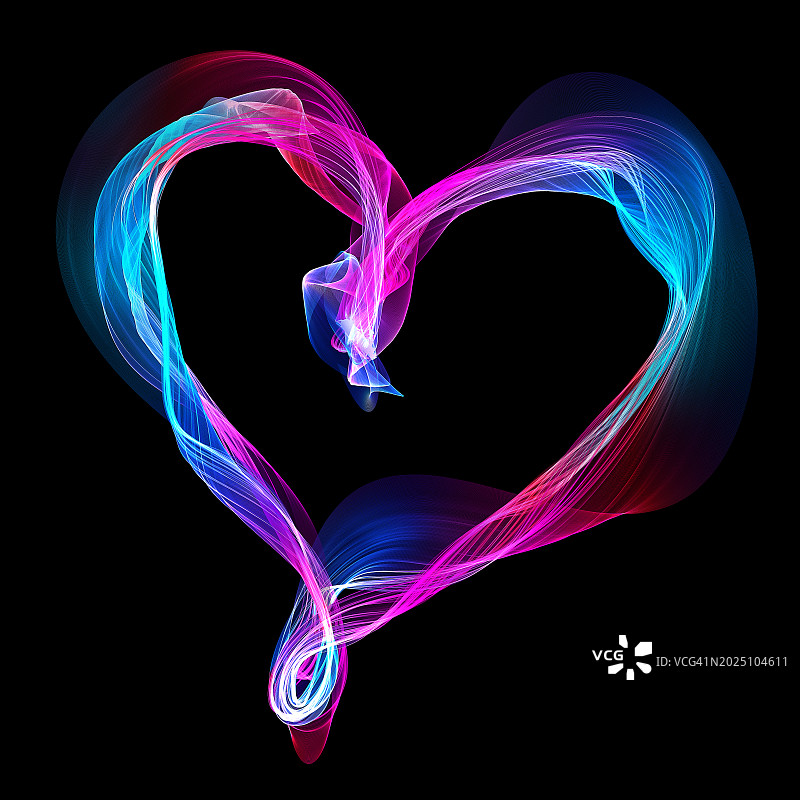 心形蓝粉红色发光抽象曲线波黑色背景。爱的情感情人节庆祝图片素材