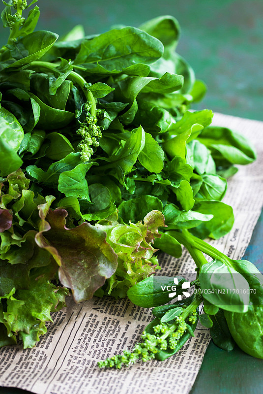 一束绿色新鲜多汁的生菜叶，芝麻菜和菠菜，特写图片素材