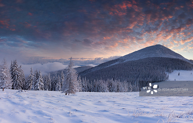 美丽的冬季风景在山上。日出图片素材
