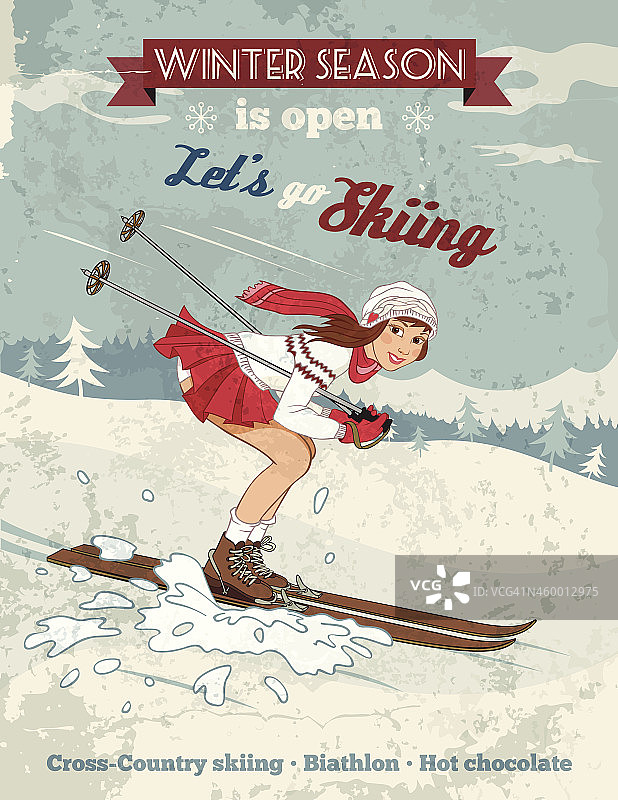 复古海报女郎滑雪海报图片素材