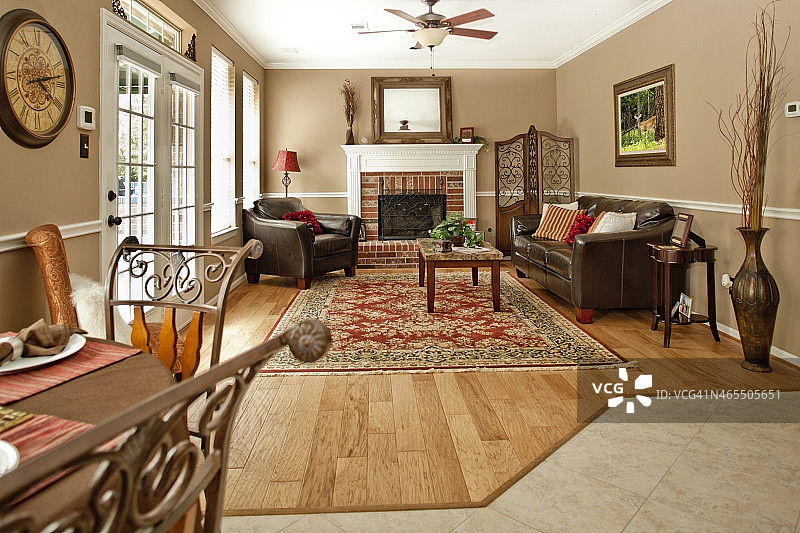 家居内饰:客厅装饰，沙发，椅子，壁炉。图片素材