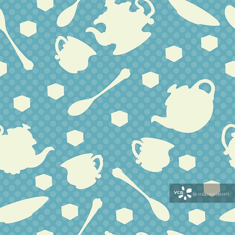 无缝图案的茶壶，杯子，杯子，勺子，茶碟和糖图片素材