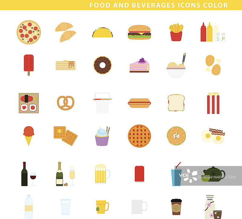 食物和饮料图标的颜色。图片素材