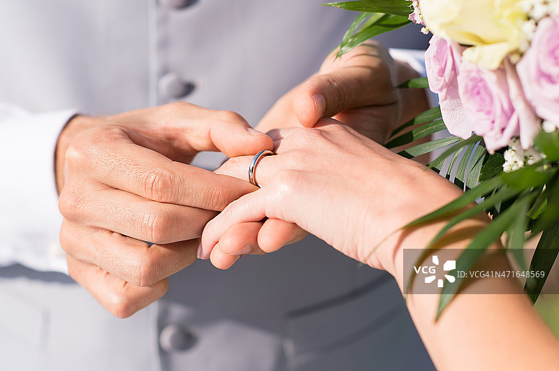 男人把结婚戒指送给妻子图片素材