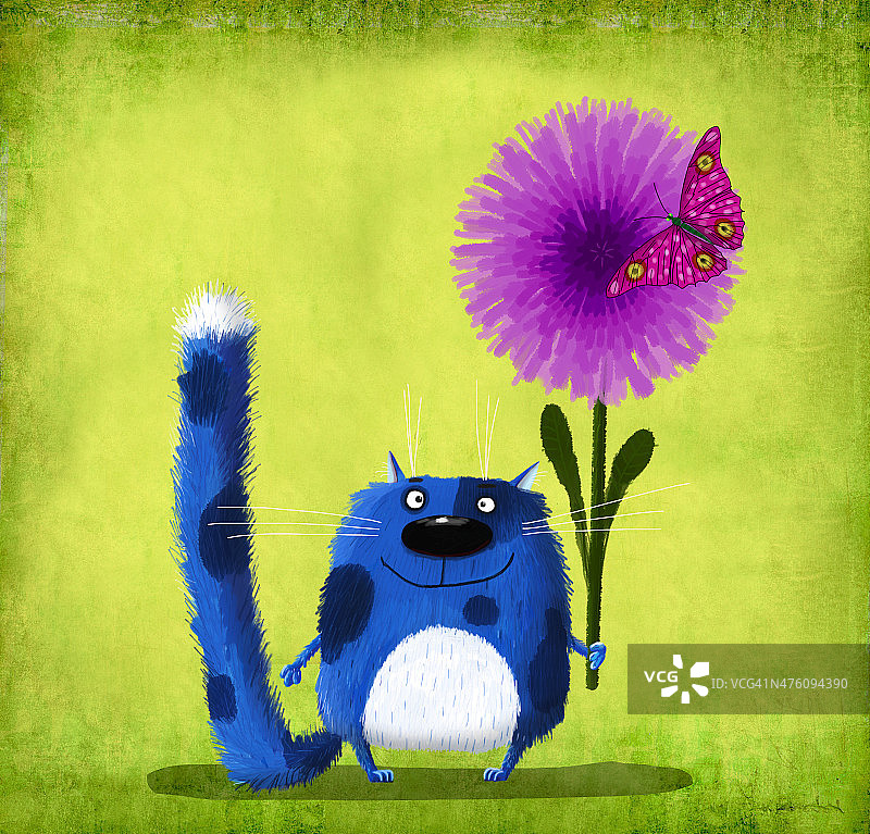 带花和蝴蝶的蓝斑猫图片素材