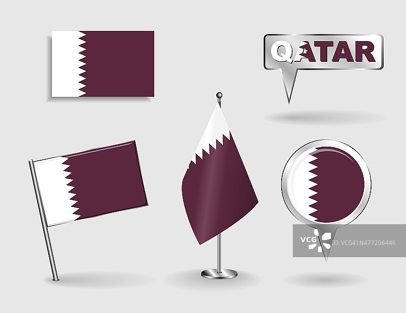 一套卡塔尔别针，图标和地图指针旗帜。向量图片素材