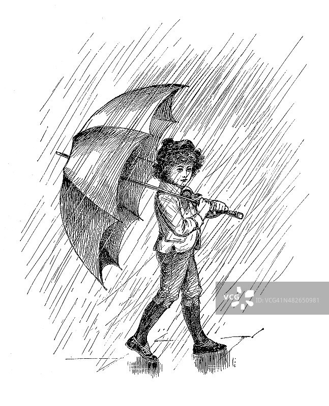 雨中行走的小女孩图片素材