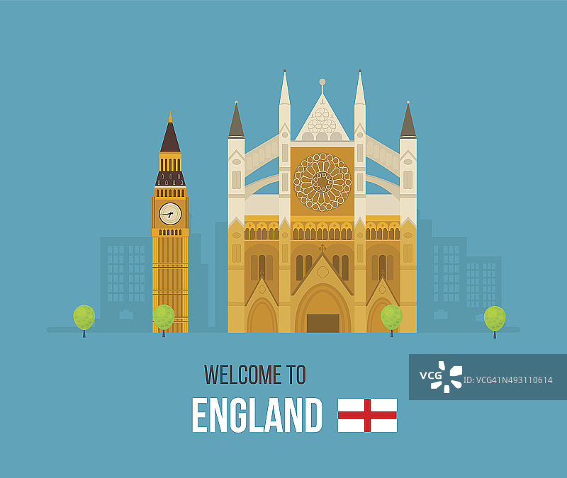 英国伦敦，威斯敏斯特大教堂和大本钟的扁平图标图片素材