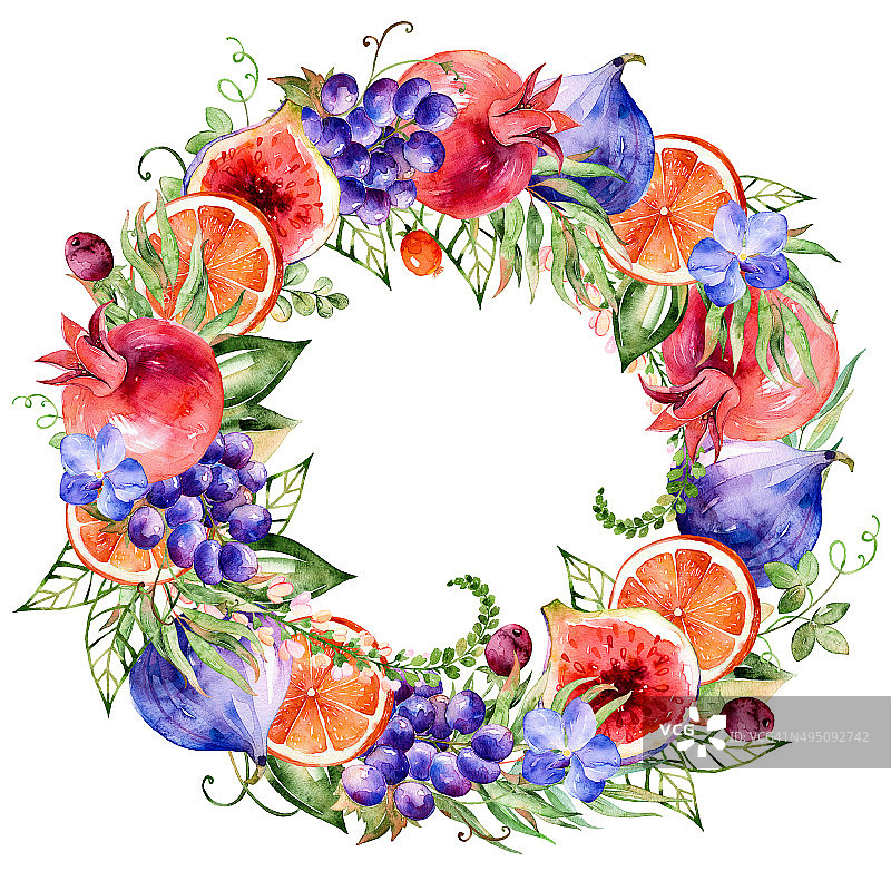 水彩画花环的花，树叶和水果。图片素材